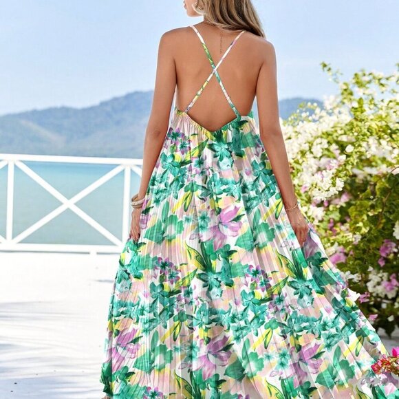 Multicolor Boho Womens A-Line Pleated Romantic Floral Print Sling Backless Dress - Picture 2 of 5
